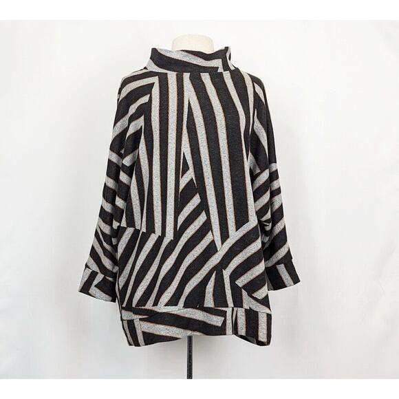 Picadilly Tops - Picadilly Tunic Top Gray Striped Mock Collar Lagenlook Boxy Fit Misses Size XL